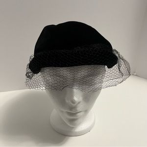 VINTAGE Velour black hat with netting high tea wedding church hat
